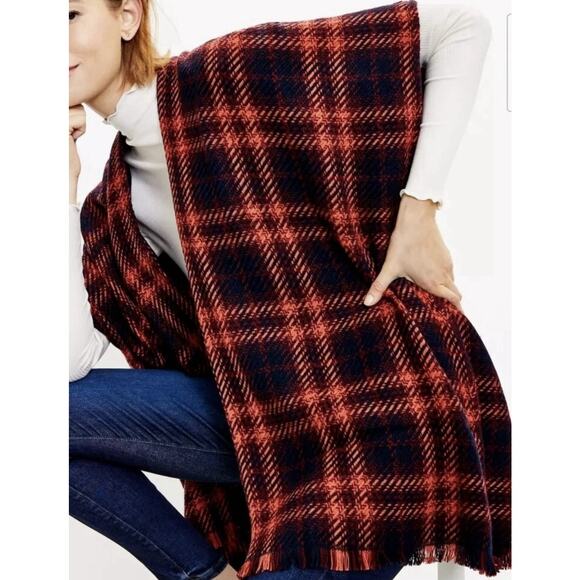 Loft Poncho Wrap Sweater Medium / Large Burgundy Blue Orange Plaid NWOT Bohemian - Picture 5 of 9